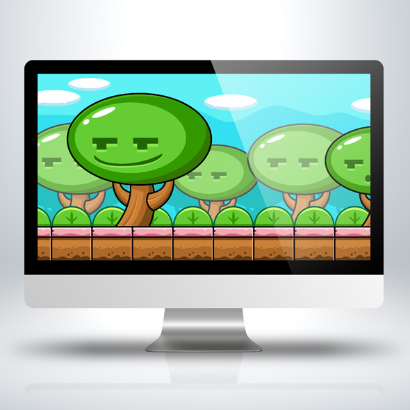 Fancy forest and smiling trees Game Background with game obstacles for Game Developers