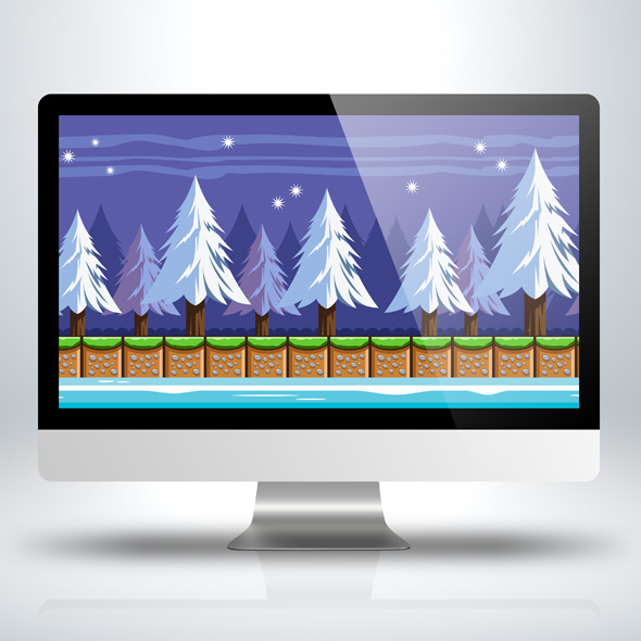 Snowy winter pine forest game background for game developers